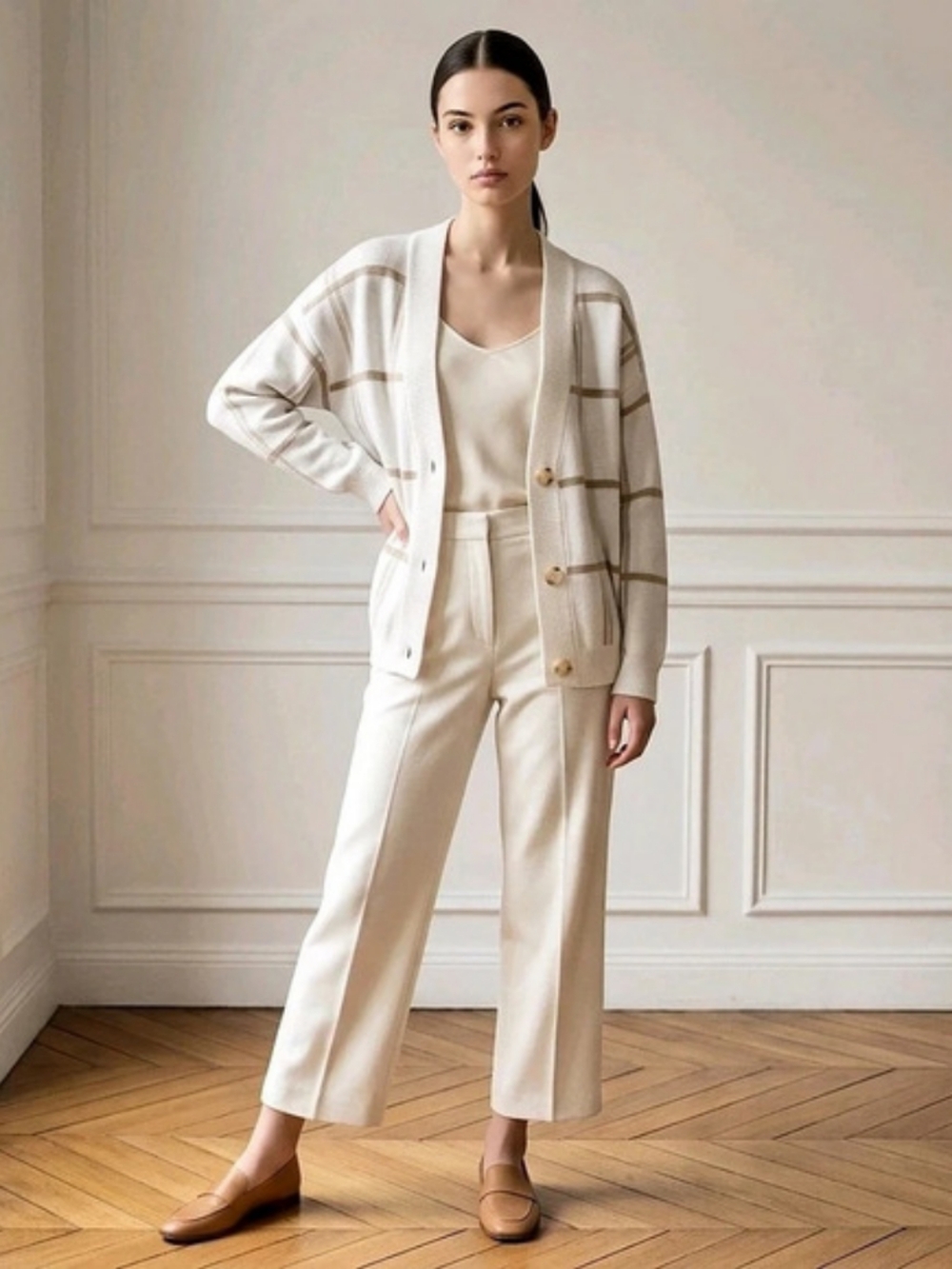 Dynamite Cream Taupe Windowpane Plaid Oversized Cardigan XS